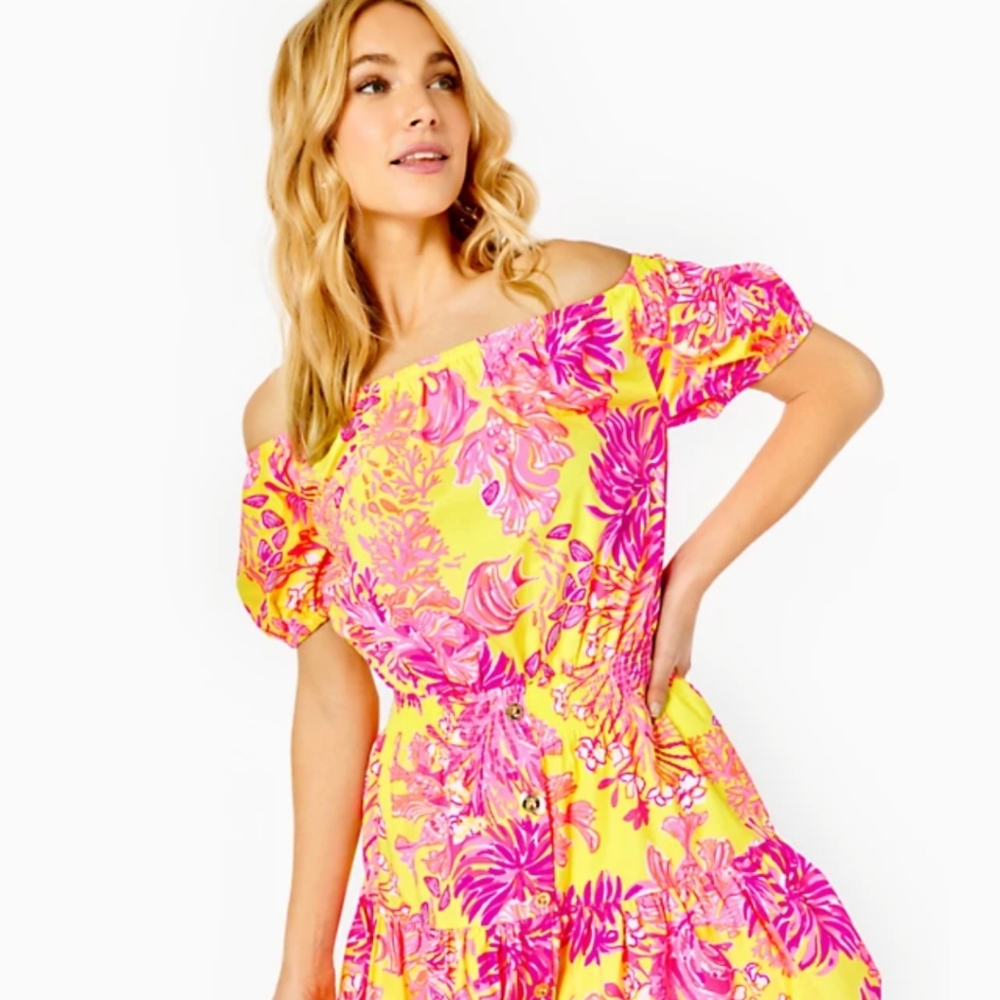 NWT XXS Lilly Pulitzer Jesiba Romper in Calla Yellow Floral Coral
